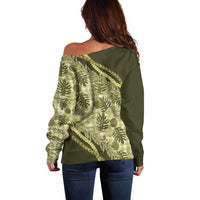 Hawaii Breadfruit Palaka Off Shoulder Sweater Omaomao Maile Lei - Polynesian Pride