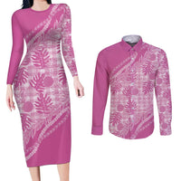 Hawaii Breadfruit Palaka Couples Matching Long Sleeve Bodycon Dress and Long Sleeve Button Shirt Omaomao Ulaula Maile Lei LT9 Pink - Polynesian Pride