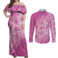 Hawaii Breadfruit Palaka Couples Matching Off Shoulder Maxi Dress and Long Sleeve Button Shirt Omaomao Ulaula Maile Lei LT9 Pink - Polynesian Pride