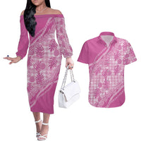Hawaii Breadfruit Palaka Couples Matching Off The Shoulder Long Sleeve Dress and Hawaiian Shirt Omaomao Ulaula Maile Lei - Polynesian Pride