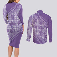 Hawaii Breadfruit Palaka Couples Matching Long Sleeve Bodycon Dress and Long Sleeve Button Shirt Poni Maile Lei LT9 - Polynesian Pride