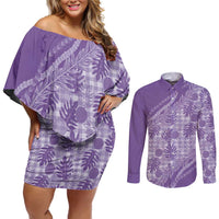 Hawaii Breadfruit Palaka Couples Matching Off Shoulder Short Dress and Long Sleeve Button Shirt Poni Maile Lei - Polynesian Pride