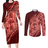 Hawaii Breadfruit Palaka Couples Matching Long Sleeve Bodycon Dress and Long Sleeve Button Shirt Ulaula Maile Lei LT9 Red - Polynesian Pride