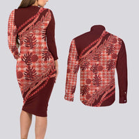 Hawaii Breadfruit Palaka Couples Matching Long Sleeve Bodycon Dress and Long Sleeve Button Shirt Ulaula Maile Lei LT9 - Polynesian Pride