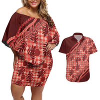 Hawaii Breadfruit Palaka Couples Matching Off Shoulder Short Dress and Hawaiian Shirt Ulaula Maile Lei - Polynesian Pride