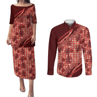Hawaii Breadfruit Palaka Couples Matching Puletasi and Long Sleeve Button Shirt Ulaula Maile Lei LT9 Red - Polynesian Pride