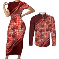 Hawaii Breadfruit Palaka Couples Matching Short Sleeve Bodycon Dress and Long Sleeve Button Shirt Ulaula Maile Lei LT9 Red - Polynesian Pride