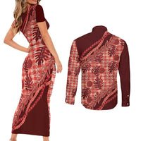 Hawaii Breadfruit Palaka Couples Matching Short Sleeve Bodycon Dress and Long Sleeve Button Shirt Ulaula Maile Lei LT9 - Polynesian Pride