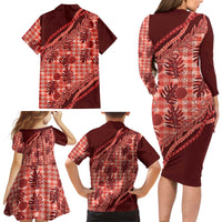 Hawaii Breadfruit Palaka Family Matching Long Sleeve Bodycon Dress and Hawaiian Shirt Ulaula Maile Lei - Polynesian Pride
