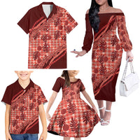 Hawaii Breadfruit Palaka Family Matching Off The Shoulder Long Sleeve Dress and Hawaiian Shirt Ulaula Maile Lei - Polynesian Pride