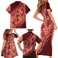 Hawaii Breadfruit Palaka Family Matching Short Sleeve Bodycon Dress and Hawaiian Shirt Ulaula Maile Lei - Polynesian Pride