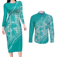 Hawaii Breadfruit Palaka Couples Matching Long Sleeve Bodycon Dress and Long Sleeve Button Shirt Polu Opal Maile Lei LT9 Turquoise - Polynesian Pride