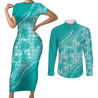 Hawaii Breadfruit Palaka Couples Matching Short Sleeve Bodycon Dress and Long Sleeve Button Shirt Polu Opal Maile Lei LT9 Turquoise - Polynesian Pride