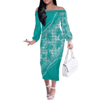 Hawaii Breadfruit Palaka Off The Shoulder Long Sleeve Dress Polu Opal Maile Lei - Polynesian Pride