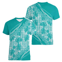 Hawaii Breadfruit Palaka Women V-Neck T-Shirt Polu Opal Maile Lei LT9 - Polynesian Pride