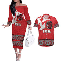 Tonga Heart Tribal Personalised Couples Matching Off The Shoulder Long Sleeve Dress and Hawaiian Shirt Polynesian Patterns LT9 Red - Polynesian Pride