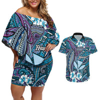 Personalised Hawaii Tribal Humpback Whale Couples Matching Off Shoulder Short Dress and Hawaiian Shirt Polu Hibiscus Seamless Pattern