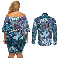 Personalised Hawaii Tribal Humpback Whale Couples Matching Off Shoulder Short Dress and Long Sleeve Button Shirt Polu Hibiscus Seamless Pattern