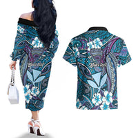 Personalised Hawaii Tribal Humpback Whale Couples Matching Off The Shoulder Long Sleeve Dress and Hawaiian Shirt Polu Hibiscus Seamless Pattern