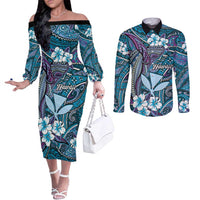 Personalised Hawaii Tribal Humpback Whale Couples Matching Off The Shoulder Long Sleeve Dress and Long Sleeve Button Shirt Polu Hibiscus Seamless Pattern