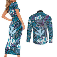 Personalised Hawaii Tribal Humpback Whale Couples Matching Short Sleeve Bodycon Dress and Long Sleeve Button Shirt Polu Hibiscus Seamless Pattern