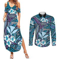 Personalised Hawaii Tribal Humpback Whale Couples Matching Summer Maxi Dress and Long Sleeve Button Shirt Polu Hibiscus Seamless Pattern LT9 Blue - Polynesian Pride