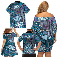 Personalised Hawaii Tribal Humpback Whale Family Matching Off Shoulder Short Dress and Hawaiian Shirt Polu Hibiscus Seamless Pattern