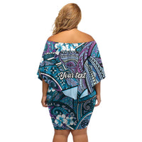 Personalised Hawaii Tribal Humpback Whale Family Matching Off Shoulder Short Dress and Hawaiian Shirt Polu Hibiscus Seamless Pattern