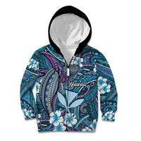 Personalised Hawaii Tribal Humpback Whale Kid Hoodie Polu Hibiscus Seamless Pattern LT9 Zip Hoodie Blue - Polynesian Pride