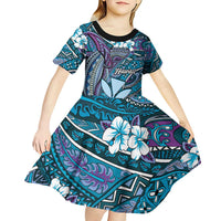 Personalised Hawaii Tribal Humpback Whale Kid Short Sleeve Dress Polu Hibiscus Seamless Pattern