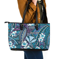 Personalised Hawaii Tribal Humpback Whale Leather Tote Bag Polu Hibiscus Seamless Pattern