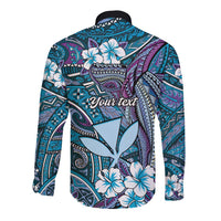 Personalised Hawaii Tribal Humpback Whale Long Sleeve Button Shirt Polu Hibiscus Seamless Pattern