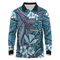 Personalised Hawaii Tribal Humpback Whale Long Sleeve Polo Shirt Polu Hibiscus Seamless Pattern