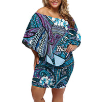 Personalised Hawaii Tribal Humpback Whale Off Shoulder Short Dress Polu Hibiscus Seamless Pattern