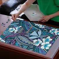 Personalised Hawaii Tribal Humpback Whale Puzzle Polu Hibiscus Seamless Pattern