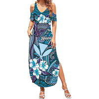 Personalised Hawaii Tribal Humpback Whale Summer Maxi Dress Polu Hibiscus Seamless Pattern LT9 Women Blue - Polynesian Pride