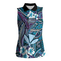 Personalised Hawaii Tribal Humpback Whale Women Sleeveless Polo Shirt Polu Hibiscus Seamless Pattern LT9 Female Blue - Polynesian Pride
