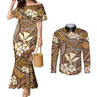 Personalised Hawaii Tribal Humpback Whale Couples Matching Mermaid Dress and Long Sleeve Button Shirt Melemele Hibiscus Seamless Pattern
