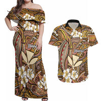 Personalised Hawaii Tribal Humpback Whale Couples Matching Off Shoulder Maxi Dress and Hawaiian Shirt Melemele Hibiscus Seamless Pattern