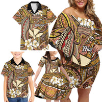 Personalised Hawaii Tribal Humpback Whale Family Matching Off Shoulder Short Dress and Hawaiian Shirt Melemele Hibiscus Seamless Pattern