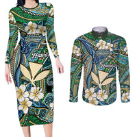 Personalised Hawaii Tribal Humpback Whale Couples Matching Long Sleeve Bodycon Dress and Long Sleeve Button Shirt Omaomao Hibiscus Seamless Pattern