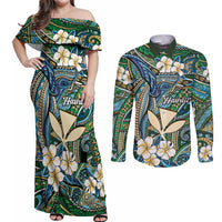 Personalised Hawaii Tribal Humpback Whale Couples Matching Off Shoulder Maxi Dress and Long Sleeve Button Shirt Omaomao Hibiscus Seamless Pattern