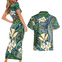 Personalised Hawaii Tribal Humpback Whale Couples Matching Short Sleeve Bodycon Dress and Hawaiian Shirt Omaomao Hibiscus Seamless Pattern