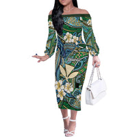 Personalised Hawaii Tribal Humpback Whale Family Matching Off The Shoulder Long Sleeve Dress and Hawaiian Shirt Omaomao Hibiscus Seamless Pattern