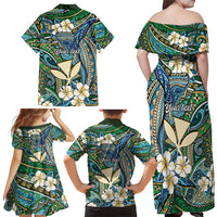 Personalised Hawaii Tribal Humpback Whale Family Matching Off Shoulder Maxi Dress and Hawaiian Shirt Omaomao Hibiscus Seamless Pattern