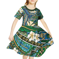 Personalised Hawaii Tribal Humpback Whale Kid Short Sleeve Dress Omaomao Hibiscus Seamless Pattern LT9 - Polynesian Pride