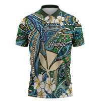 Personalised Hawaii Tribal Humpback Whale Zipper Polo Shirt Omaomao Hibiscus Seamless Pattern