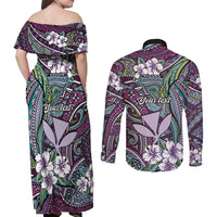 Personalised Hawaii Tribal Humpback Whale Couples Matching Off Shoulder Maxi Dress and Long Sleeve Button Shirt Poni Hibiscus Seamless Pattern