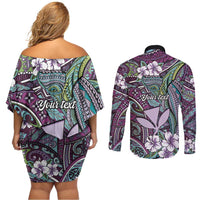 Personalised Hawaii Tribal Humpback Whale Couples Matching Off Shoulder Short Dress and Long Sleeve Button Shirt Poni Hibiscus Seamless Pattern LT9 - Polynesian Pride