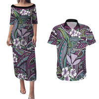 Personalised Hawaii Tribal Humpback Whale Couples Matching Puletasi and Hawaiian Shirt Poni Hibiscus Seamless Pattern